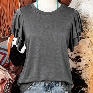 Gray Ruffled Short Sleeve Tee